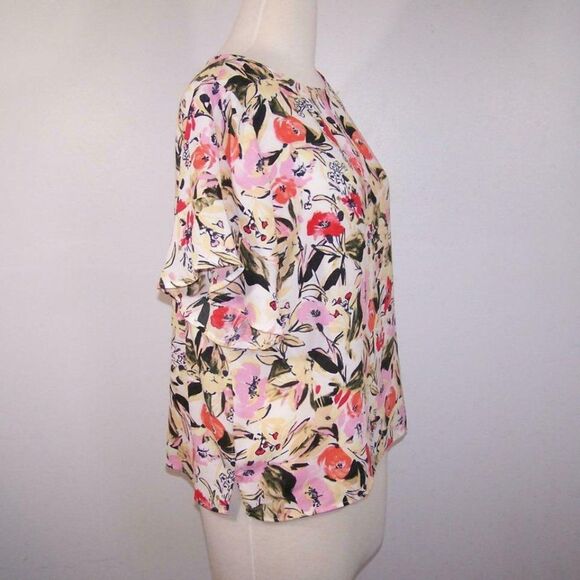 Ellen Tracy Shirt Large Floral Short Flutter Sleeves Keyhole Womens Blouse Top - Picture 6 of 9